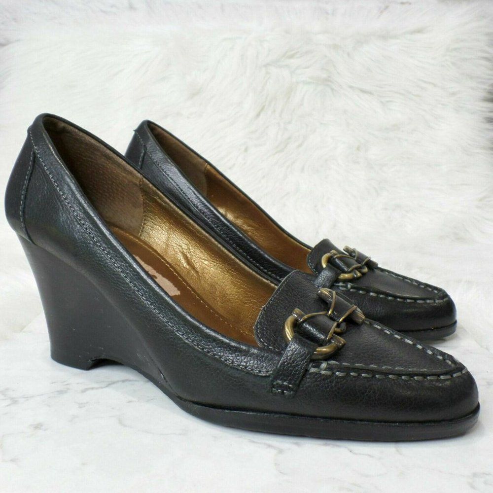 Talbots Women's Black Leather Horsebit Wedge Heel Shoes Size 8 B